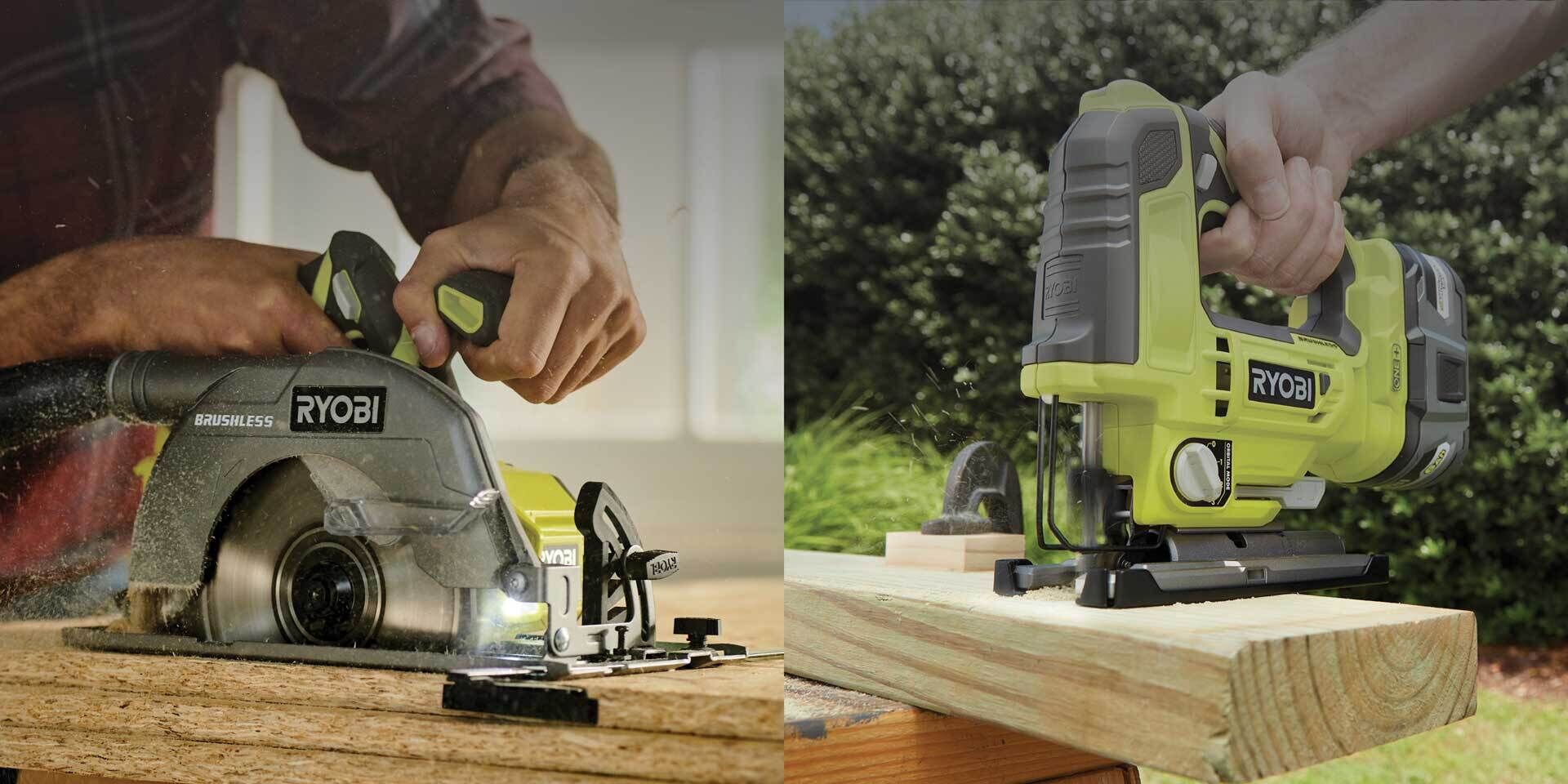 A Ryobi circular saw and a Ryobi jigsaw being used to demonstrate different types of cuts