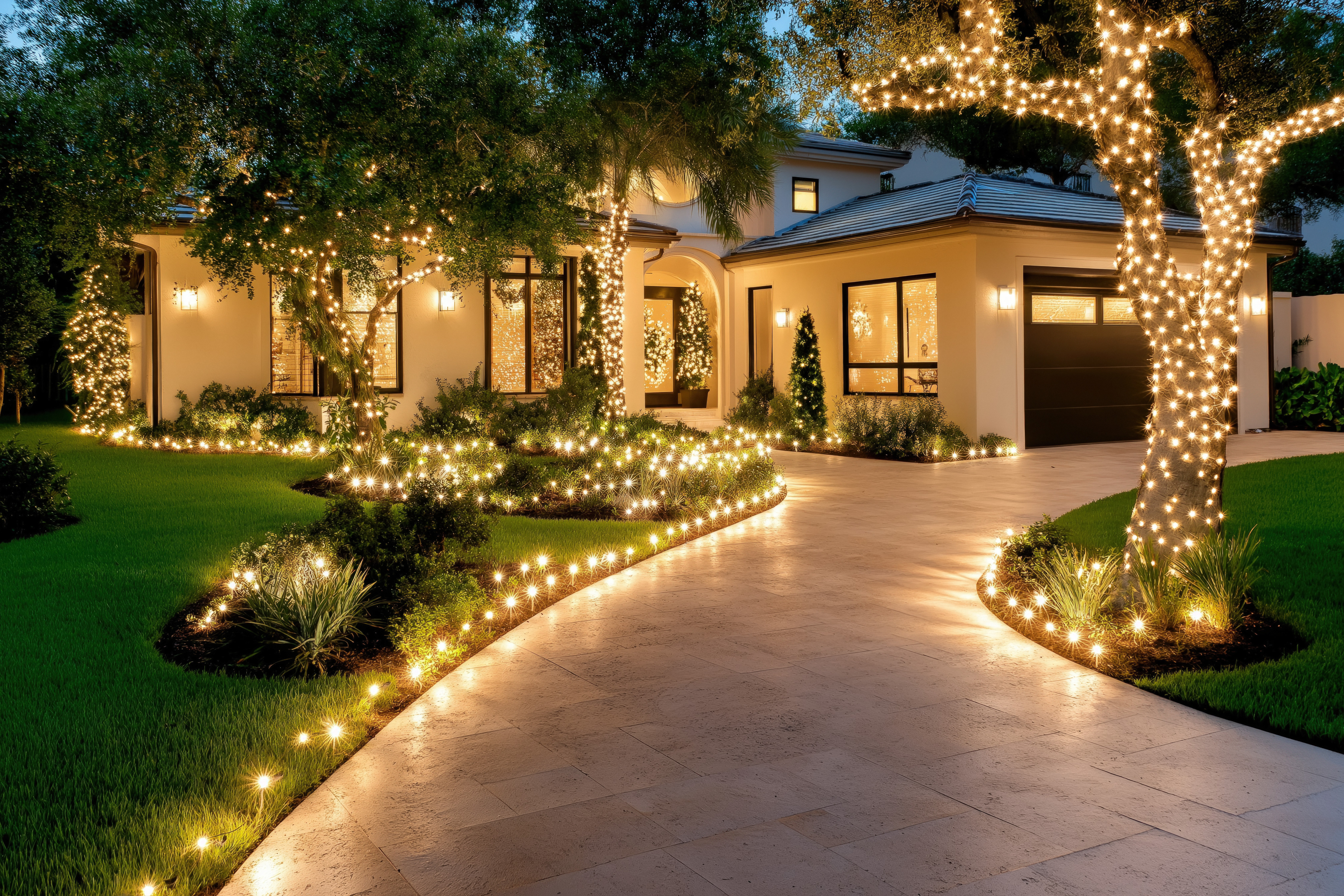 A lush garden decorated with Christmas lights