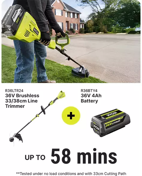 R36LTR24 Line Trimmer + R36BTY4 36V 4Ah Battery runtime